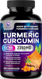 Turmeric Curcumin Supplement - 1750mg Organic Turmeric Per Serving - 95% Curcuminoids, Ginger & BioPerine Black Pepper for Best Absorption - Natural Vegan Joint Support, Bottled in USA - 360 Capsules