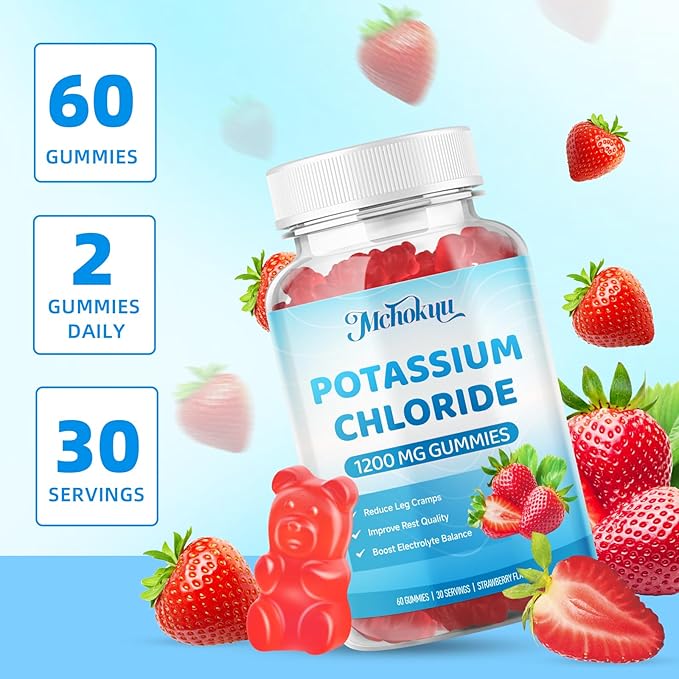 Potassium Chloride Gummies 1200mg for Adults & Kids, Sugar-Free Potassium Supplement Gummies Support Leg Cramps & Electrolyte Balance for Women & Men, Strawberry Flavor, 120 Count