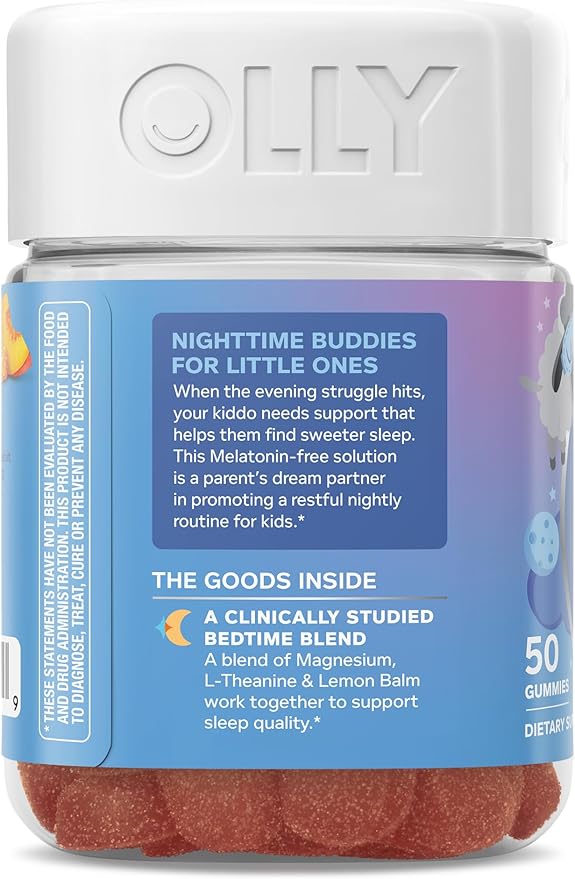 OLLY Kids Melatonin Free Sleep Gummy Supplement, Supports Sleep Quality,* Magnesium, L-Theanine, Lemon Balm, Cloudberry Peach Flavored, 25 Day Supply - 50 Count