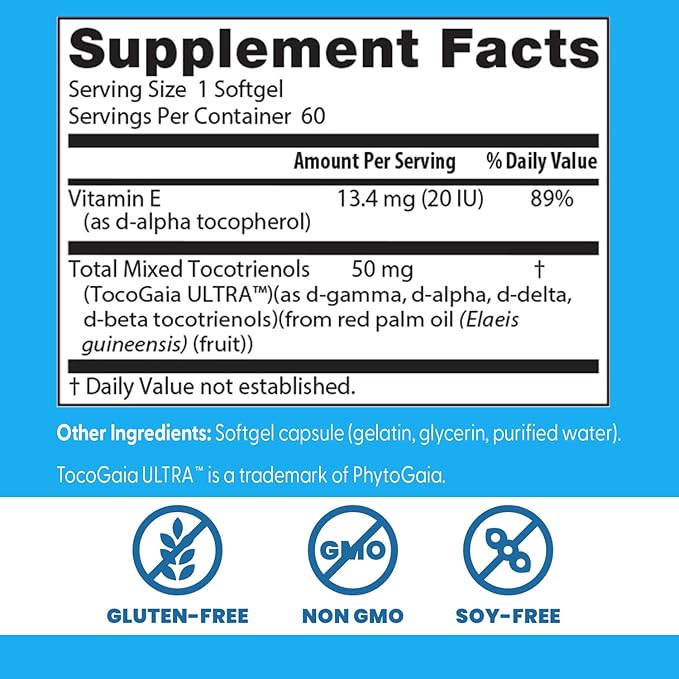 Doctor's Best Vitamin E Tocotrienols contains TocoGaia ULTRA™ bioenhanced full spectrum vitamin E complex, 60 Count