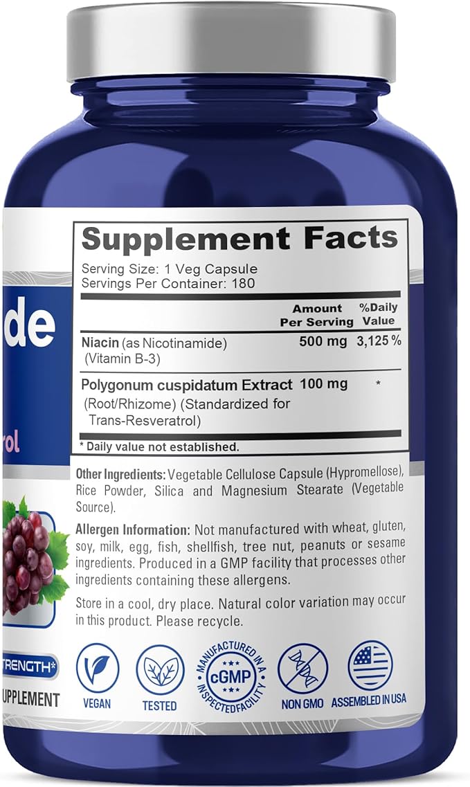 NusaPure Nicotinamide with Resveratrol (Vitamin B-3) 500 mg - 180 Vegetarian Caps (Non-GMO & Vegan)