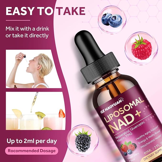 Liposomal NAD Supplement - 1200mg NAD+ Liquid Drops for Women with Nicotinamide, Resveratrol, Quercetin, TMG, Black Pepper Extract - Brain & Cellular Mitochondrial Health,Anti-Aging,Longevity，4 Fl Oz
