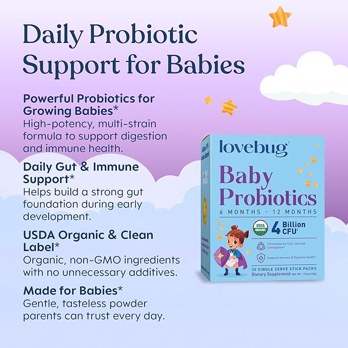 LOVEBUG Award Winning USDA Organic Probiotic for Babies | Multi-Strain 4 Billion CFU | Easy-to-Take Powder | Sugar Free | Ages 6-12 Months | 30 Packets