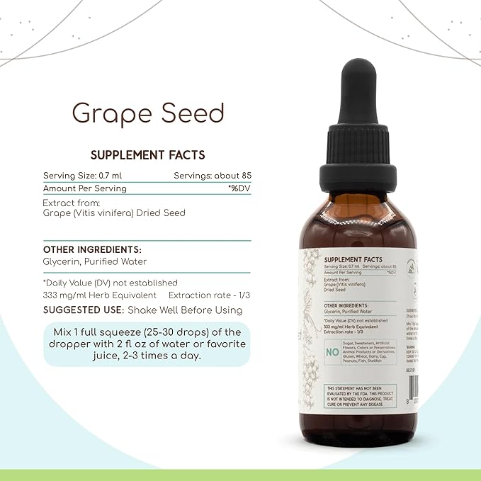 Grape Seed B60 Alcohol-Free Herbal Extract Tincture, Concentrated Liquid Drops Natural Grape (Vitis Vinifera) Dried Seed (2 fl oz)