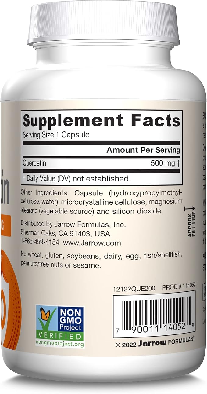 Jarrow Formulas Quercetin 500mg Capsules - 200 Veggie Caps - Supports Antioxidant Status, Cardiovascular Health & Immune Health - 200 Servings
