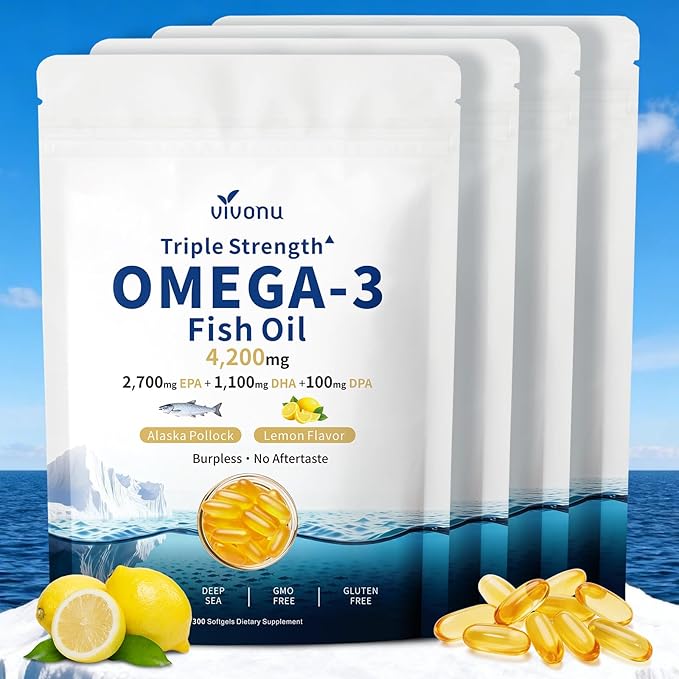 VivoNu Triple Strength Omega 3 Fish Oil - 4200mg, 300 Softgels | Enteric-Coated for No Fishy Aftertaste | Wild-Caught | Third-Party Tested
