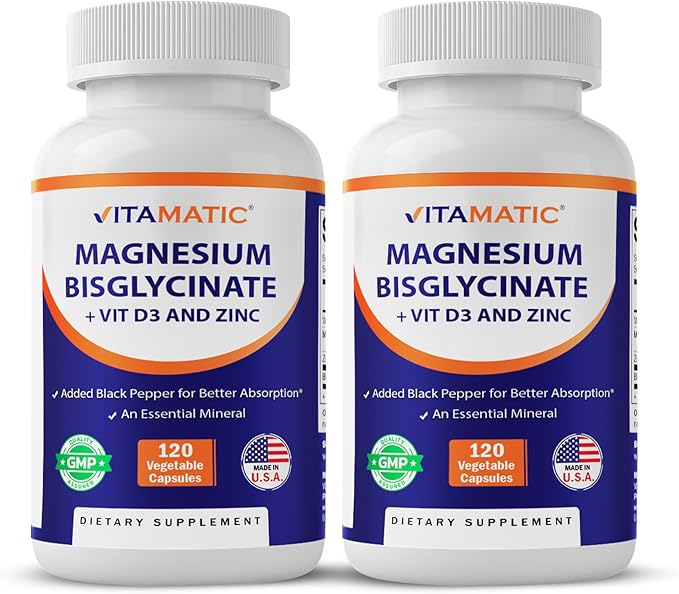 Vitamatic Magnesium (from Bisglycinate & Oxide) with Vitamin D3 & Zinc - 120 Veg Capsules - Supports Muscle, Joint, Nerve & Heart Health – Non-GMO, Gluten-Free - 2 Pack