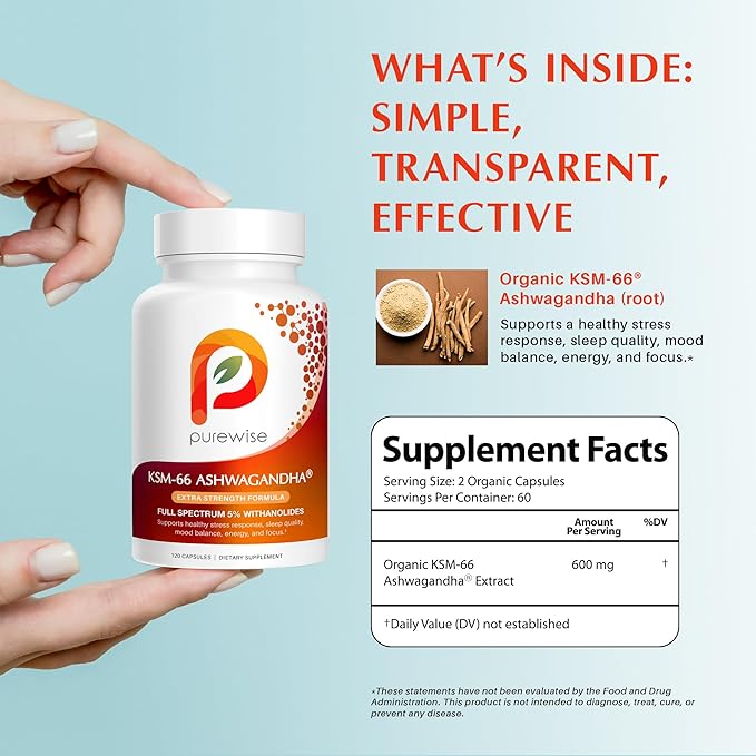 KSM-66 Ashwagandha 600mg Extra Strength Formula - Stress Relief Supplement for Sleep Support & Mood Support - Organic Full Spectrum 5% Withanolides - 120 Capsules
