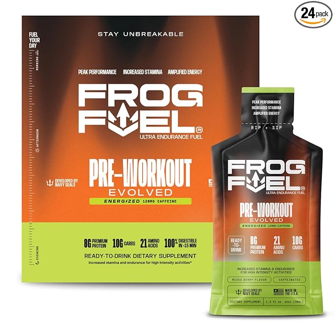 Frog Fuel Ultra Energy Gel & Energized Pre Workout Shot with 120mg Caffeine, 1500mg Beta Alanine, Electrolytes 8g Protein Nano-Hydrolyzed Grass Fed Collagen, 10g Carbs, Berry, 1.2 oz Packets, 24 Pack