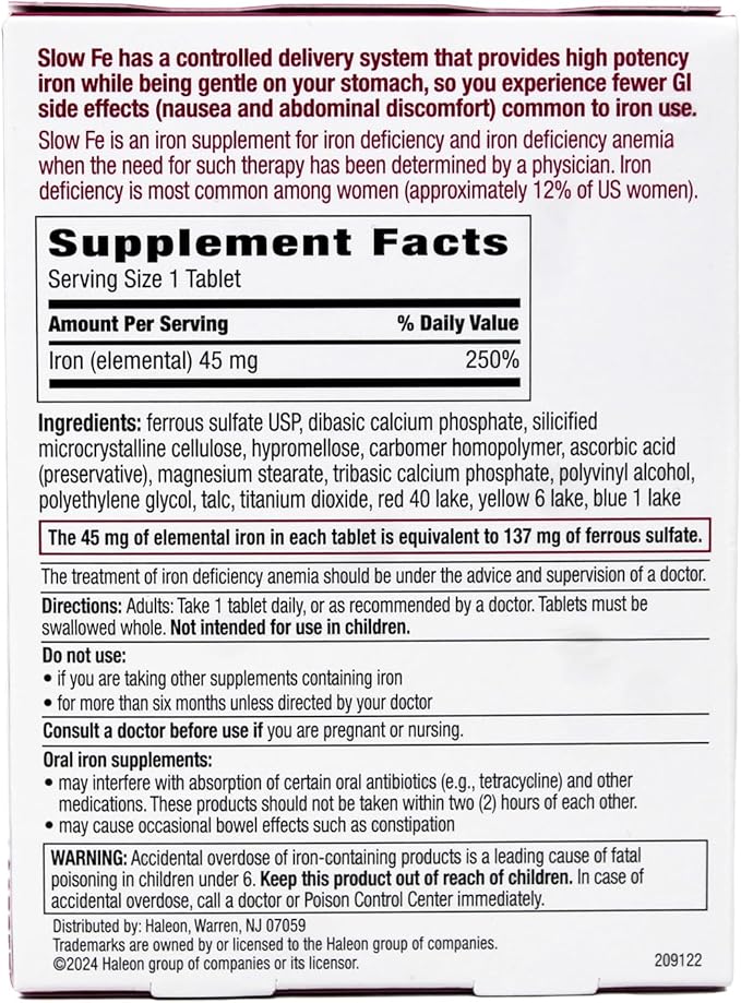 Slow Fe, High Potency Iron 45 mg, Slow Release - 60 Tablets - Pack of 2
