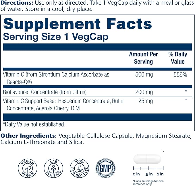 SOLARAY Reacta-C with 500mg Vitamin C, 200mg Bioflavonoid Concentrate, Immune System Defense Vitamins, Patented 24 Hour Immunity Booster Support Supplement, Vegan, 120 Capsules, 120 Servings.