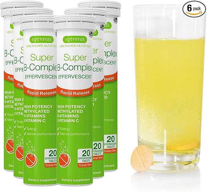 Igennus Super B-Complex Liquid B-Vitamin Effervescent Drink, Methylated, Fast Action Energy Supplement, Caffeine-Free, Sugar-Free, Orange Flavor, Vegan, 120 Effervescent Tablets