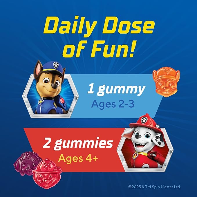 L’il Critters Paw Patrol Gummy Vites Daily Gummy Multivitamin for Kids, Vitamin C, D3 for Immune Support Cherry, Orange and Blueberry Flavors, 190 Gummies