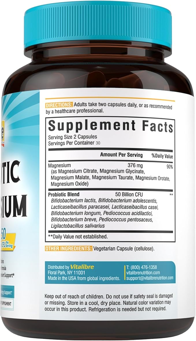 Vitalibre Probiotic with Magnesium, 50 Billion CFU, 9 Strains, Magnesium Glycinate Citrate Malate Taurate, for Digestion, Immunity, Bone, Energy & Recovery, 60 Vegan Capsules, Non-GMO
