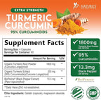 Turmeric Curcumin Supplement - 1800mg Organic Turmeric Per Serving - 95% Curcuminoids & BioPerine Black Pepper Extract for Best Absorption - Natural Vegan Joint Support, Bottled in USA - 240 Capsules