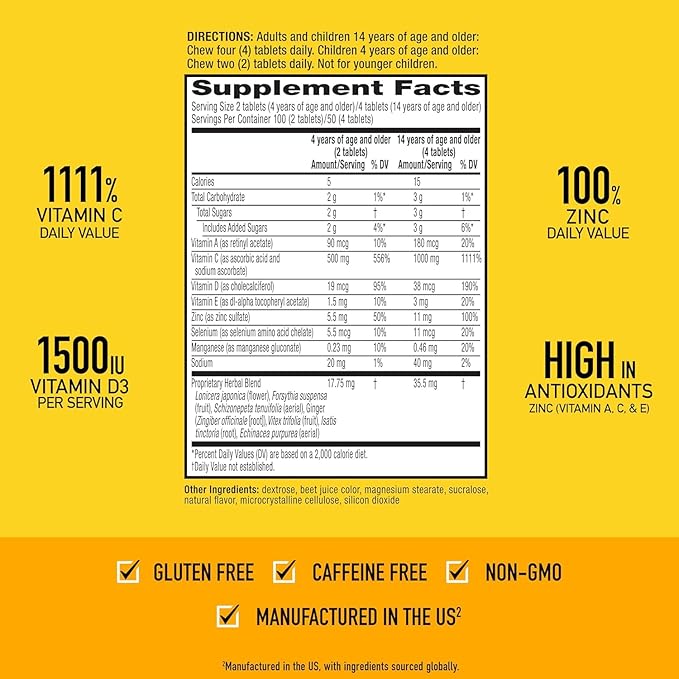 Airborne 1000mg Vitamin C + Zinc Immune Support Supplement Chewable Tablets Powerful Antioxidants Vitamins A C & E, 116 Chewable Tablets, Very Berry Flavor (2 Pack)