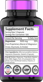 Triple Magnesium Complex Supplement 500mg: Magnesium Glycinate, Citrate, & Oxide - 120 Capsules (4 Month Supply!) | 1 Capsule Serving Provides 125% Daily Value | Non-GMO, Made in The USA!