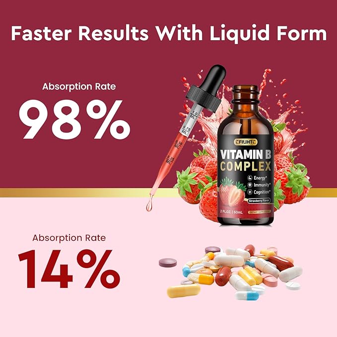 CFILIHTC Vitamin B Complex Liquid Drops, B Vitamins Complex Supplement with B1, B2, B3, B5 B6, B7, B9 & Methyl B12 Drops for Adults & Kids, Vegan, Strawberry Flavor