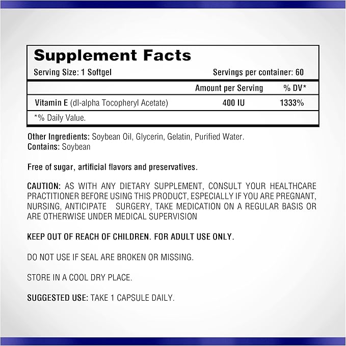 Vitamin E 60 Softgels 400 IU by Natural Systems - Vitamin E Supplements Immune System Support * - Softgels Skin Care - Natural VIT E Non-Sugar, Non-Artificial Flavors or Preservatives