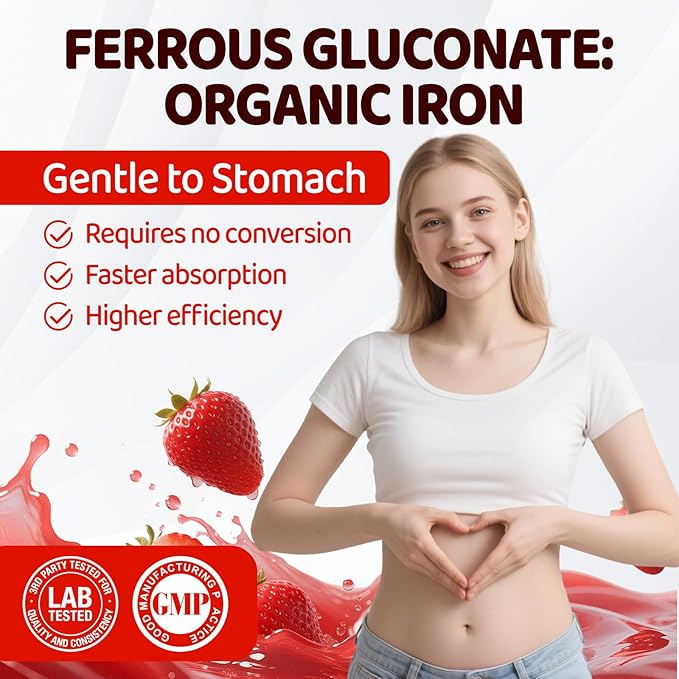 Iron Gummies for Women Teen Girls, Ferrous Gluconate 324 mg with Vitamin C, Iron Supplement Plus Vitamin A, B, Folate, Copper, Zinc, Energy & Blood Support, Immune Health, Sugar Free 60 Gummies