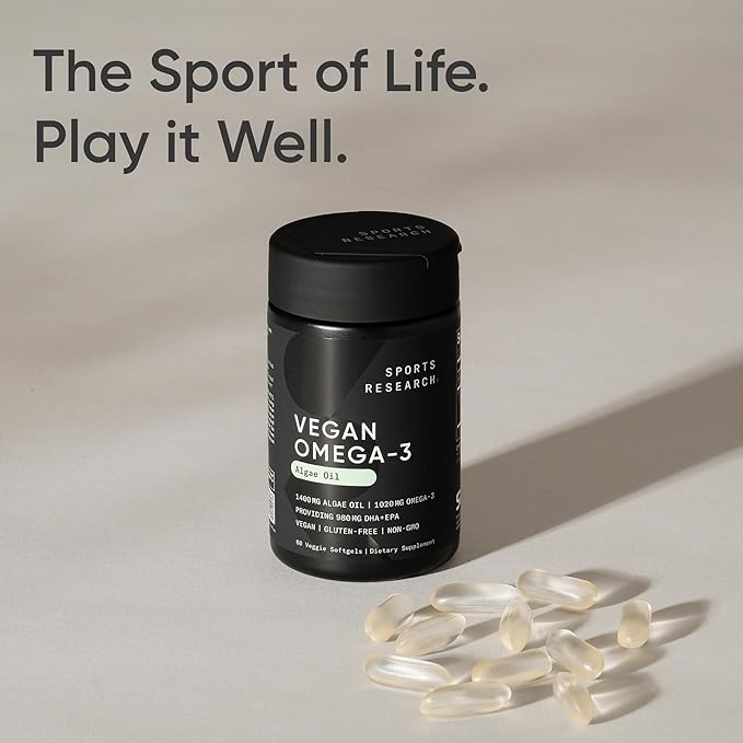 Sports Research Vegan Omega-3 Fish Oil Alternative from Algae Oil - Highest Levels of Vegan DHA & EPA Fatty Acids | Non-GMO Tested & Vegan Certified - 60 Veggie Softgels (Carrageenan Free)