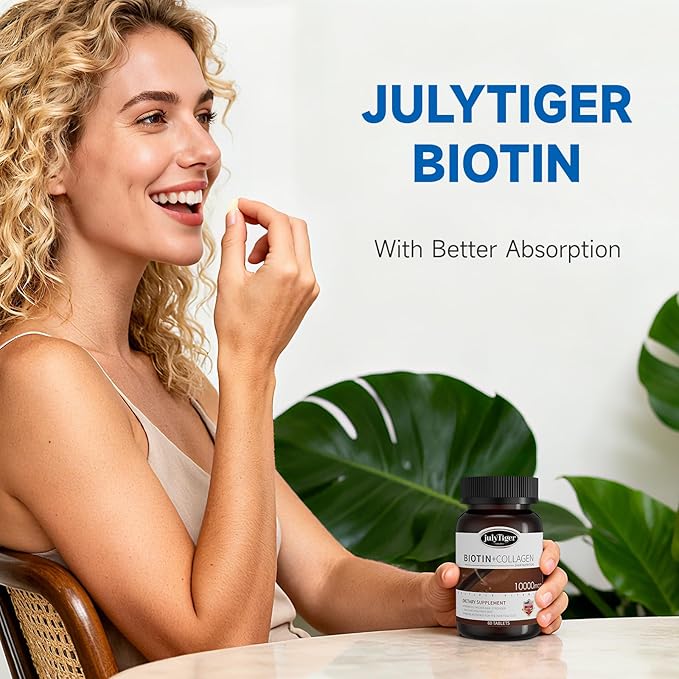 julytiger Biotin 10,000mcg with Collagen Supplement, Biotin (Vitamin B7) for Healthy Skin and Nails,biotin Collagen peptide, for Women and Men - Vegan, Non-GMO, Gluten & Soy-Free - 60 Tablets