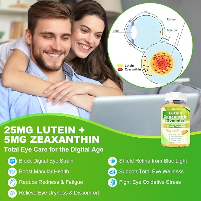 Sugar Free Lutein Gummies 25mg, Lutein and Zeaxanthin Supplements for Eye Health, 13-in-1 Eye Care Formula with Omega-3 Bilberry Saffron-Vision Health, Eye Strain, Dry Eyes, Vegan Mango Flavor 120 Ct