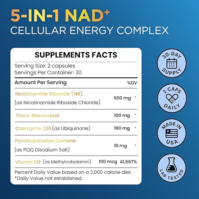 NAD+ Supplement with 500mg NR, Resveratrol, CoQ10, PQQ- 5-in-1 NAD Formula |NMN Supplement Alternative|NAD Resveratrol Support Cellular Energy & Healthy Aging-Made in USA-60 Capsules