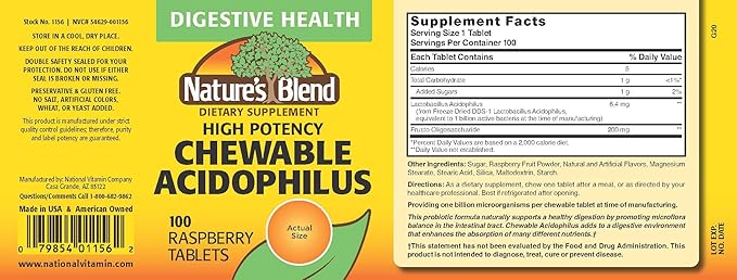 Nature's Blend Acidophilus Probiotic Supplement - 100 High Potency Capsules - Digestive Health, Gut Flora Balance