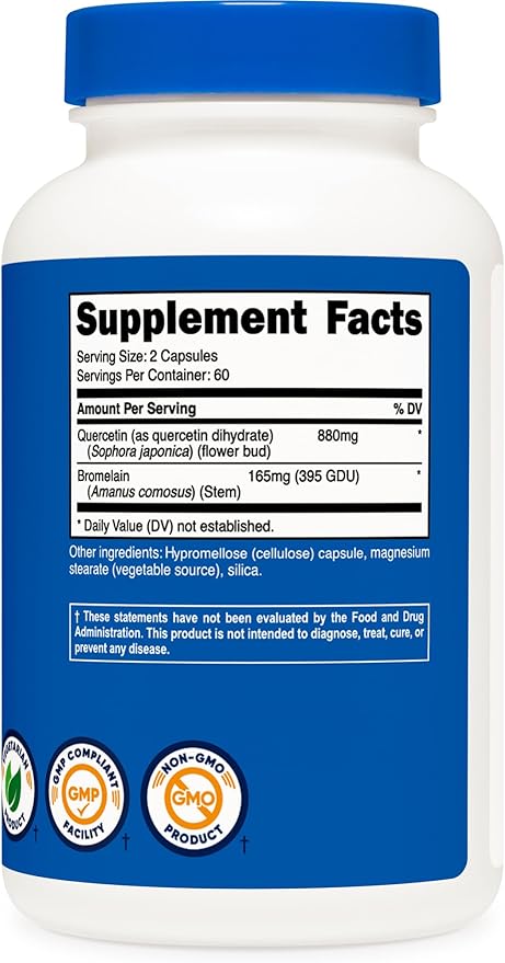 Nutricost Quercetin with Bromelain, 880mg Quercetin + 165mg Bromelain Per Serving, 120 Capsules, 60 Servings (2 Caps Per Serving) - Vegetarian, Non-GMO & Gluten Free
