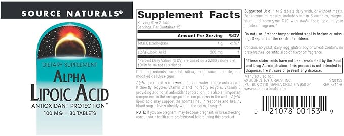 Alpha Lipoic Acid 100mg Source Naturals, Inc. 30 Tabs