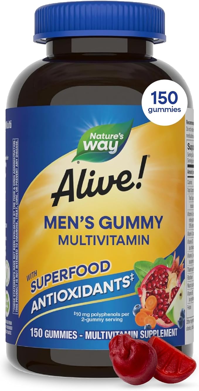 Nature's Way Alive! Men’s Multivitamin Gummies, Daily Gummy Vitamin for Men, Supports Cellular Energy Metabolism, Immune Health, Muscle Function*, with Vitamins A, C, D3, Zinc, Vegetarian, 150 Count