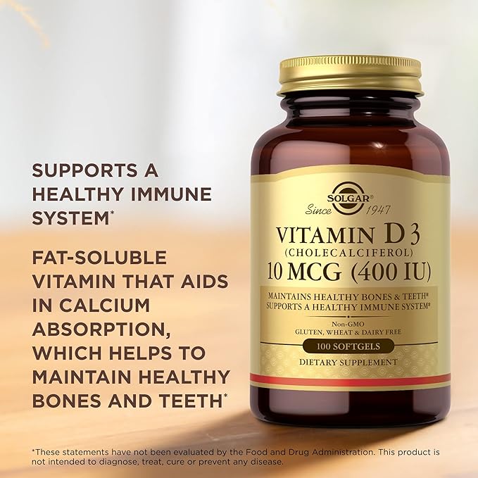 Solgar Vitamin D3 (Cholecalciferol) 10 MCG (400 IU), 100 Softgels - Helps Maintain Bones & Teeth - Immune System Support - Non-GMO, Gluten Free, Dairy Free - 100 Servings