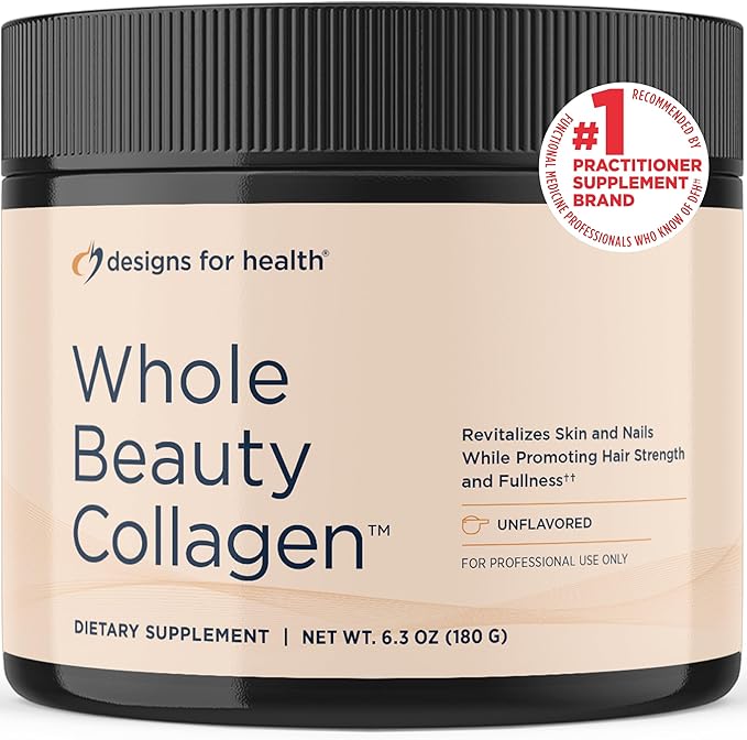 Designs for Health Whole Beauty Collagen - Collagen Peptides, Silica & Biotin Powder to Support Hair Skin and Nails - Support Hair Strength & Fullness (30 Servings)