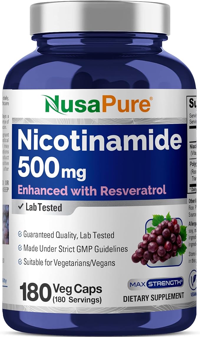 NusaPure Nicotinamide with Resveratrol (Vitamin B-3) 500 mg - 180 Vegetarian Caps (Non-GMO & Vegan)