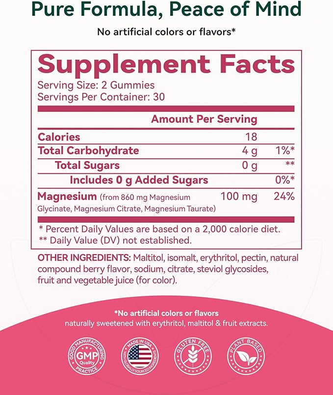 Magnesium Glycinate Plus Gummies 860mg, Sugar-Free, Non-GMO, Gluten-Free, Magnesium Gummies for Adults & Kids, Sleep, Relaxation & Focus, Magnesium Supplement for Women, Mixed Berry Flavor, 120 Count