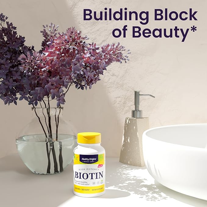 Healthy Origins Biotin 5,000 mcg (5 mg), 360 Veggie Capsules - High Potency USP Grade Vitamin B7 Supplement - Supports Healthy Hair Growth, Strong Nails & Glowing Skin - Non-GMO, Vegan & Gluten-Free
