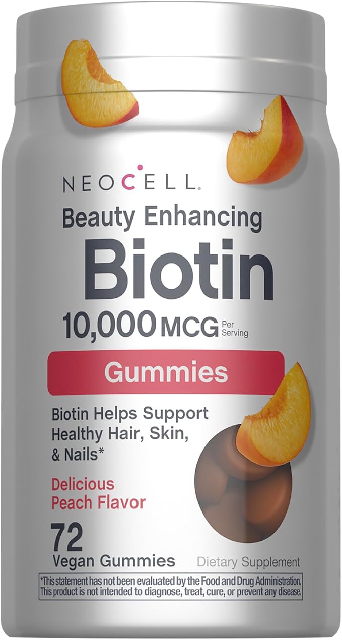 NeoCell biotin 10000mcg Gummies | 72 Count | Beauty Enhancing Supplement | Hair, Skin, and Nails | Peach Flavor