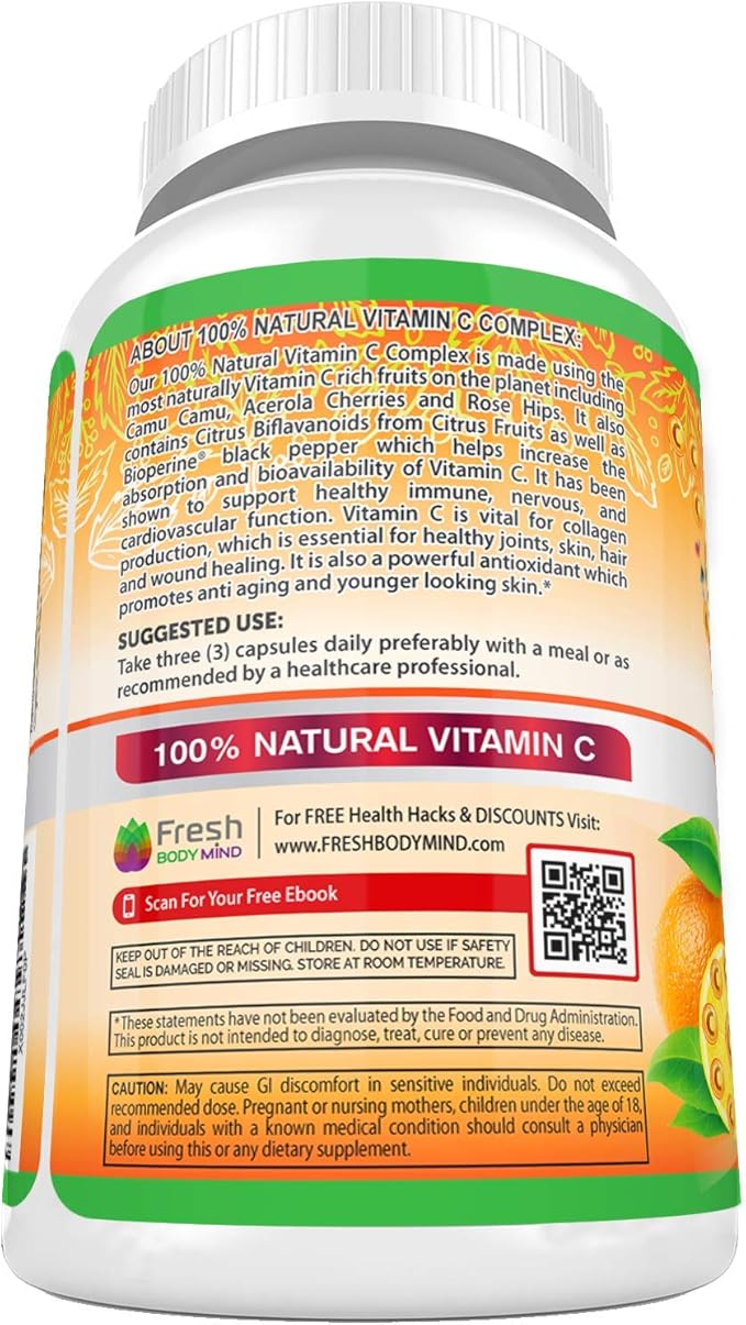 Fresh Healthcare Whole Food Vitamin C 500mg - Natural Supplement from Rose Hips, Acerola Cherry & Camu Camu - with Citrus Bioflavonoids for Immune Support - 120 Vegan Capsules