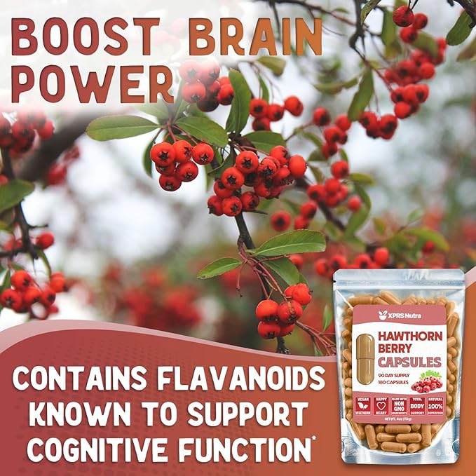 XPRS Nutra Hawthorn Berry Capsules - 180 Count (90 Day Supply) of Premium Hawthorne Berry Capsules for Cardiovascular Support - Vegan Friendly Hearth Health Supplement