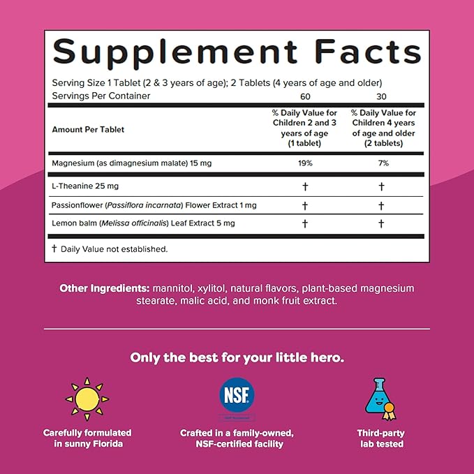 Renzo's Captain Calm Kids Magnesium Supplement with L-Theanine, Dissolvable Kids Vitamins for Relaxation and Mood Support, Sugar-Free Melty Tabs, Green Apple Flavor, 60-Count (1-2 Month Supply)