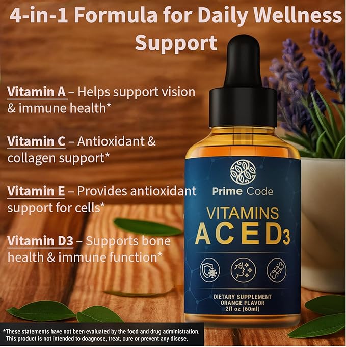 Prime Code Liquid Vitamin A Supplement for Women & Men with Vitamin C E and D3, Vitamin A C E D3 Drops for Adults, Non-GMO, Faster Absorption & Immune Support, Natural Orange Flavor Drops