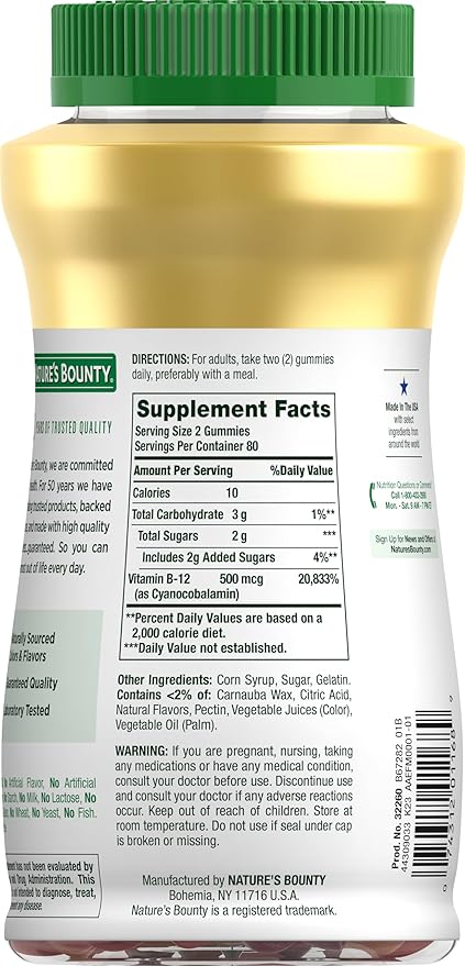 Nature's Bounty Vitamin B12 Gummies, Dietary Supplement, Supports Energy Metabolism and Nervous System Health, Mixed Berry Flavor, 500mcg, 160 Count (Pack of 2)