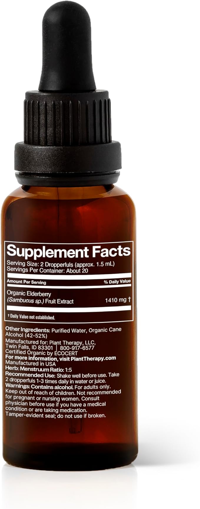 Plant Therapy Organic Elderberry Herbal Supplement Tincture 30 mL (1 oz) Immune Support, Helps Soothe Nasal and Throat Discomfort, Vegan, Non GMO, Gluten Free, Liquid, 1 Bottle