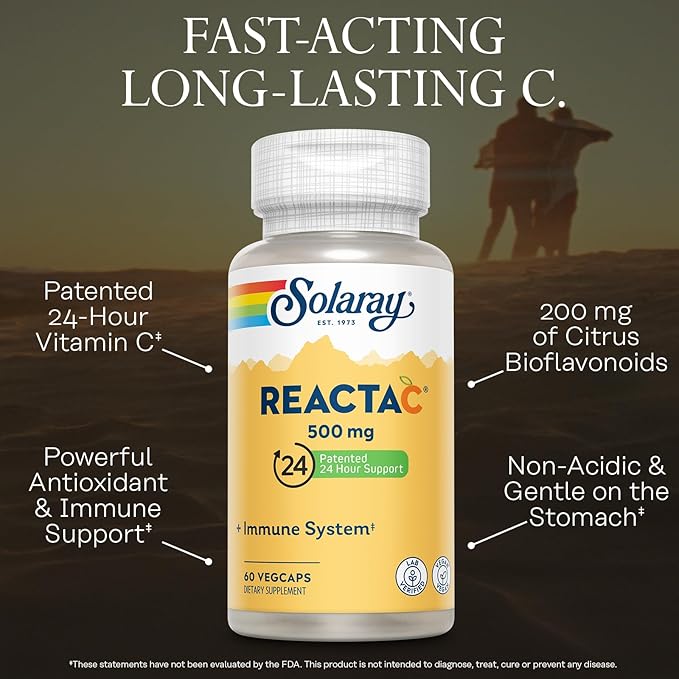 SOLARAY ReactaC Vitamin C 500mg - Patented 24-Hour Immune Support Supplement - Vitamin C with Bioflavonoids and Rutin - Antioxidant and Immune Defense - Vegan, 60-Day Guarantee - 60 Servings
