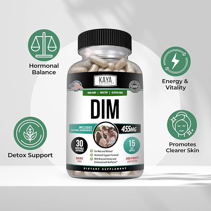Kaya Naturals DIM Ultra (30 Capsules) | DIM Supplement for Women and Men | Vegetable Capsules with Broccoli Extract & BioPerine | Herbal Supplement for Hormonal Support, Acne, Menopause, and Prostate