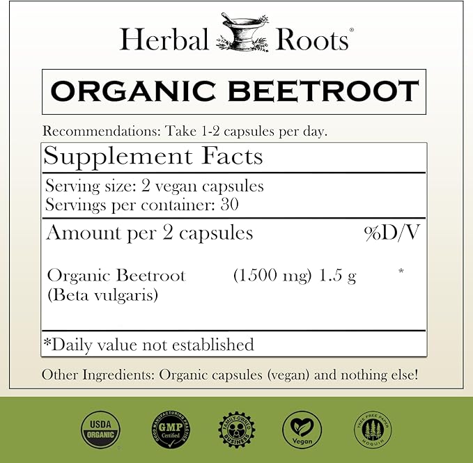 Herbal Roots Organic Beet Root Powder Capsules - 1,500mg per Serving - Certified USDA Organic - Non-GMO - 60 Count Vegan Capsules (Pack of 2)