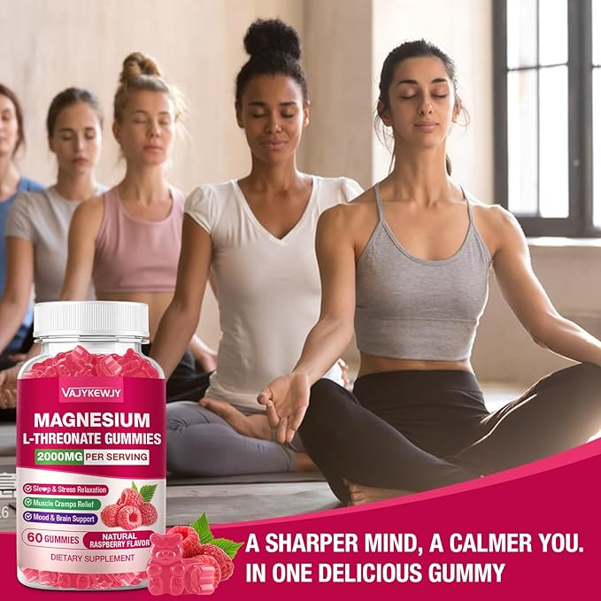 Magnesium L-Threonate Gummies - 2000mg for Brain, Muscle & Nervous System Support. Sugar-Free Raspberry Flavor, 60 Count for Kids & Adults