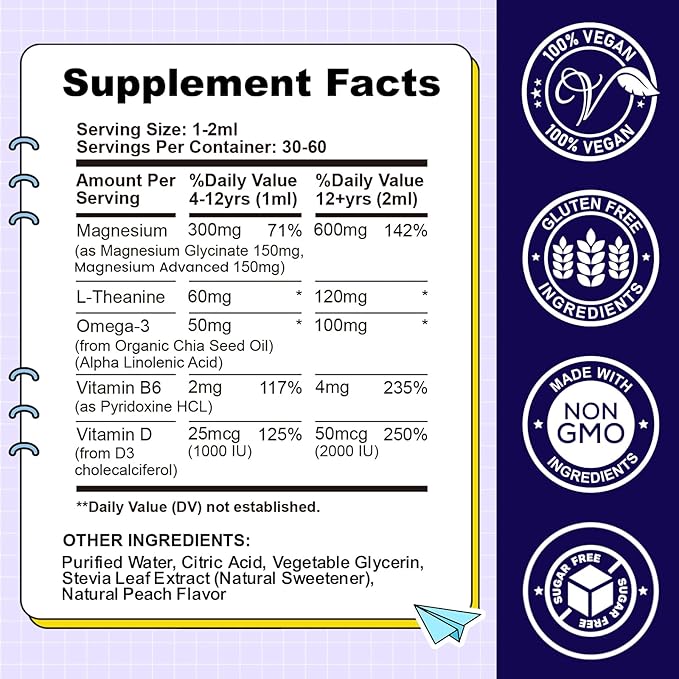 Kids Magnesium Liquid Drops-Magnesium Glycinate Liquid for Kids Supplement-w/L-theanine, Omega-3, Vitamin B6, D3 - for Sleep, Relaxation, Brain, Bones - Peach Flavor, 4 Fl Oz