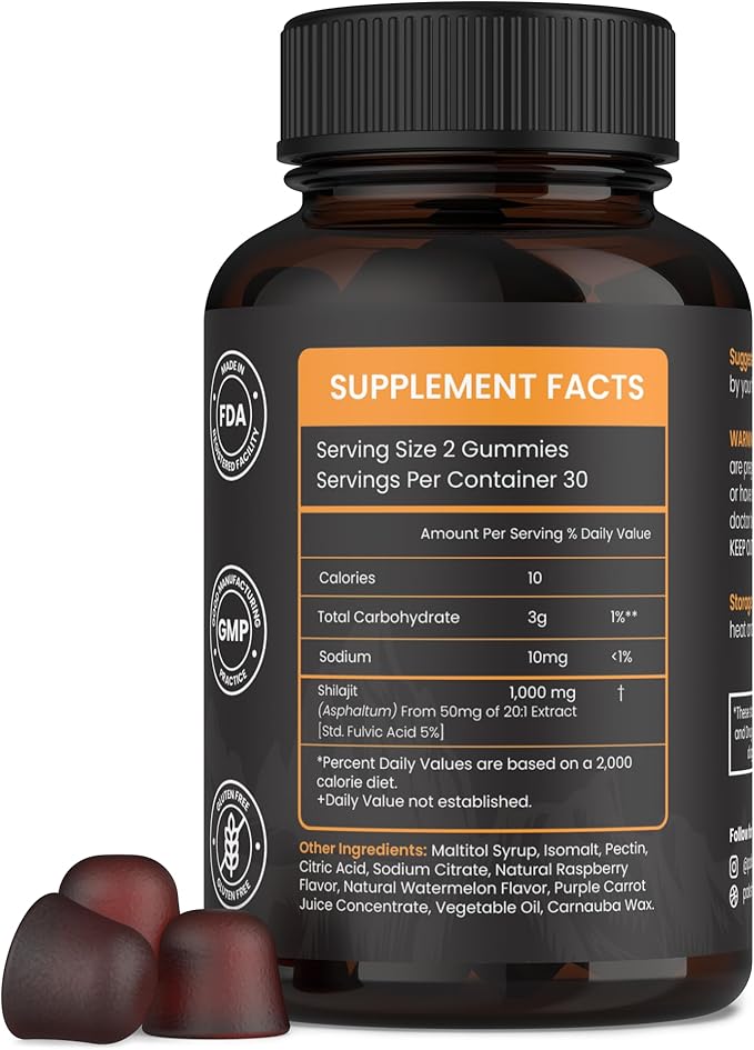 Pure Sundried Himalayan Shilajit Gummy for Men & Women | Organic Shilajit Gummies | Natural 85 Plus Trace Minerals Fulvic Acid | Energy, Immunity | Sugar-Free 60 Healthy Gummy
